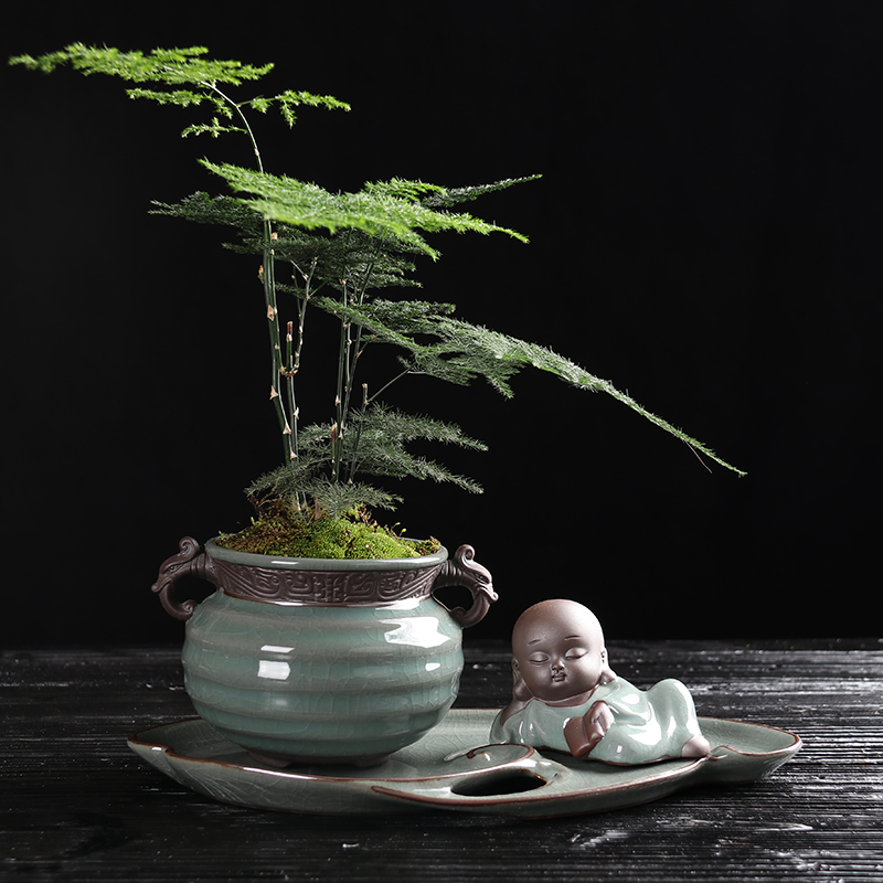 復(fù)古中國(guó)風(fēng)文竹盆景，禪意小和尚盆景