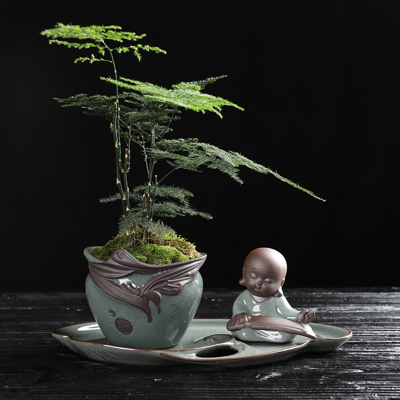 復(fù)古中國(guó)風(fēng)文竹盆景，禪意小和尚盆景
