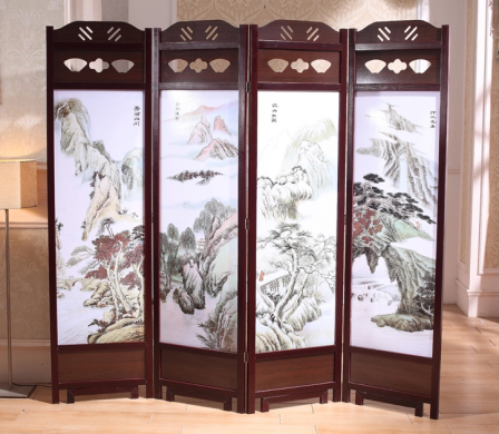 中國(guó)風(fēng)實(shí)木古典屏風(fēng)隔斷，山水畫(huà)中式屏風(fēng)