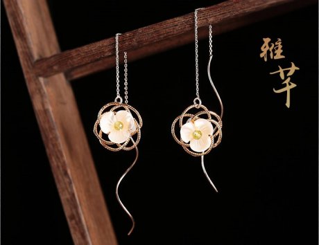 雅芊古風耳環(huán)，純銀耳線首飾