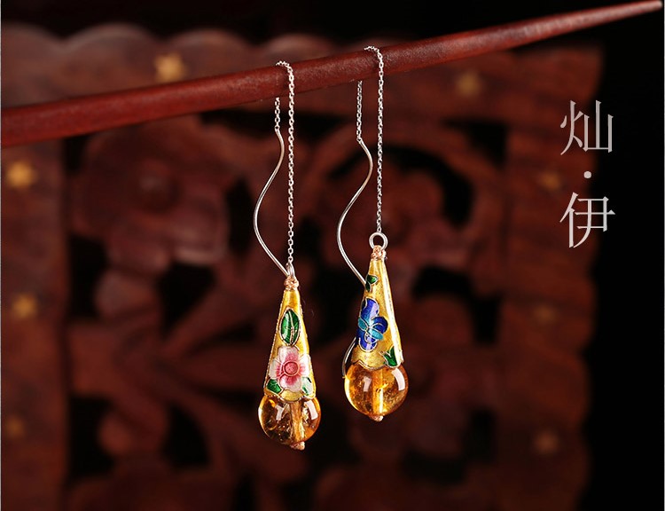 華麗古風耳環(huán)，黃亮景泰藍純銀耳線首飾