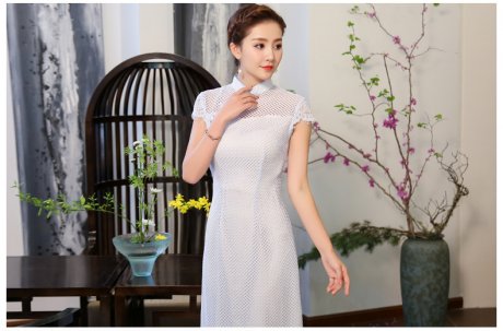 清爽伊人淡藍(lán)色旗袍，網(wǎng)狀鏤空旗袍裙