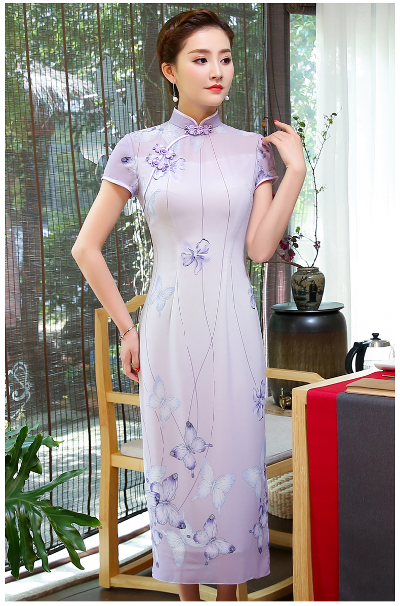 淡紫色旗袍，紫蝶唯美旗袍裙