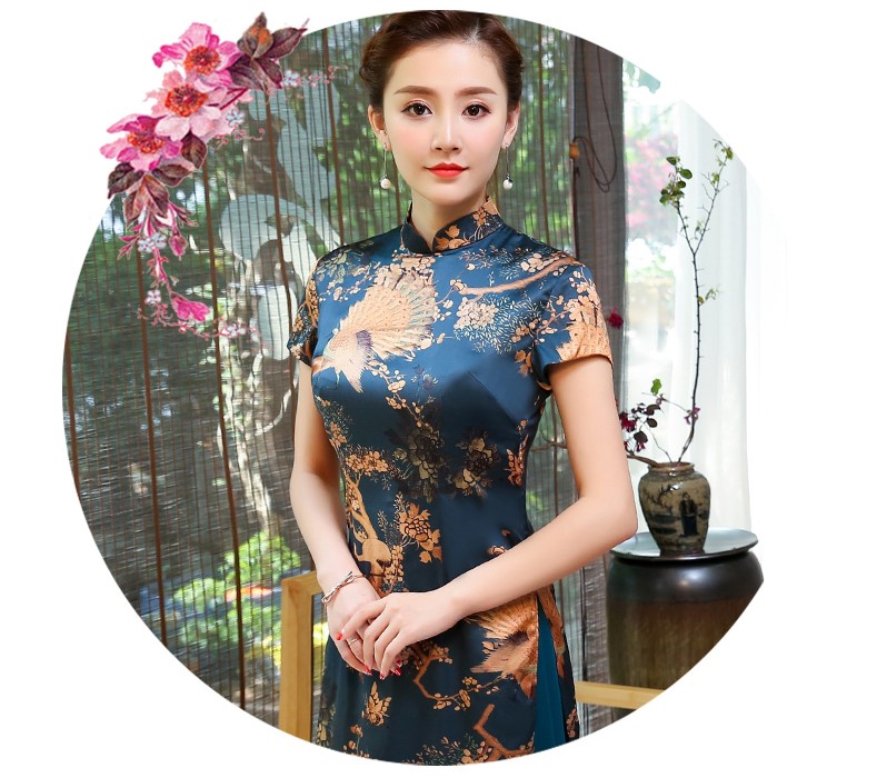 吉祥孔雀圖旗袍，中國風奧黛旗袍裙