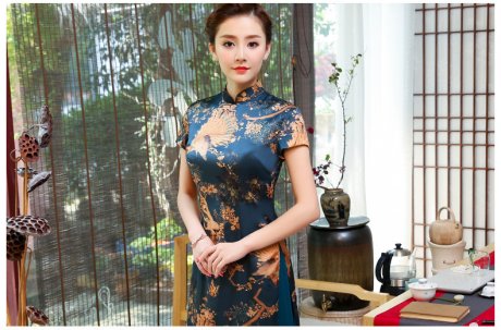 吉祥孔雀圖旗袍，中國風(fēng)奧黛旗袍裙