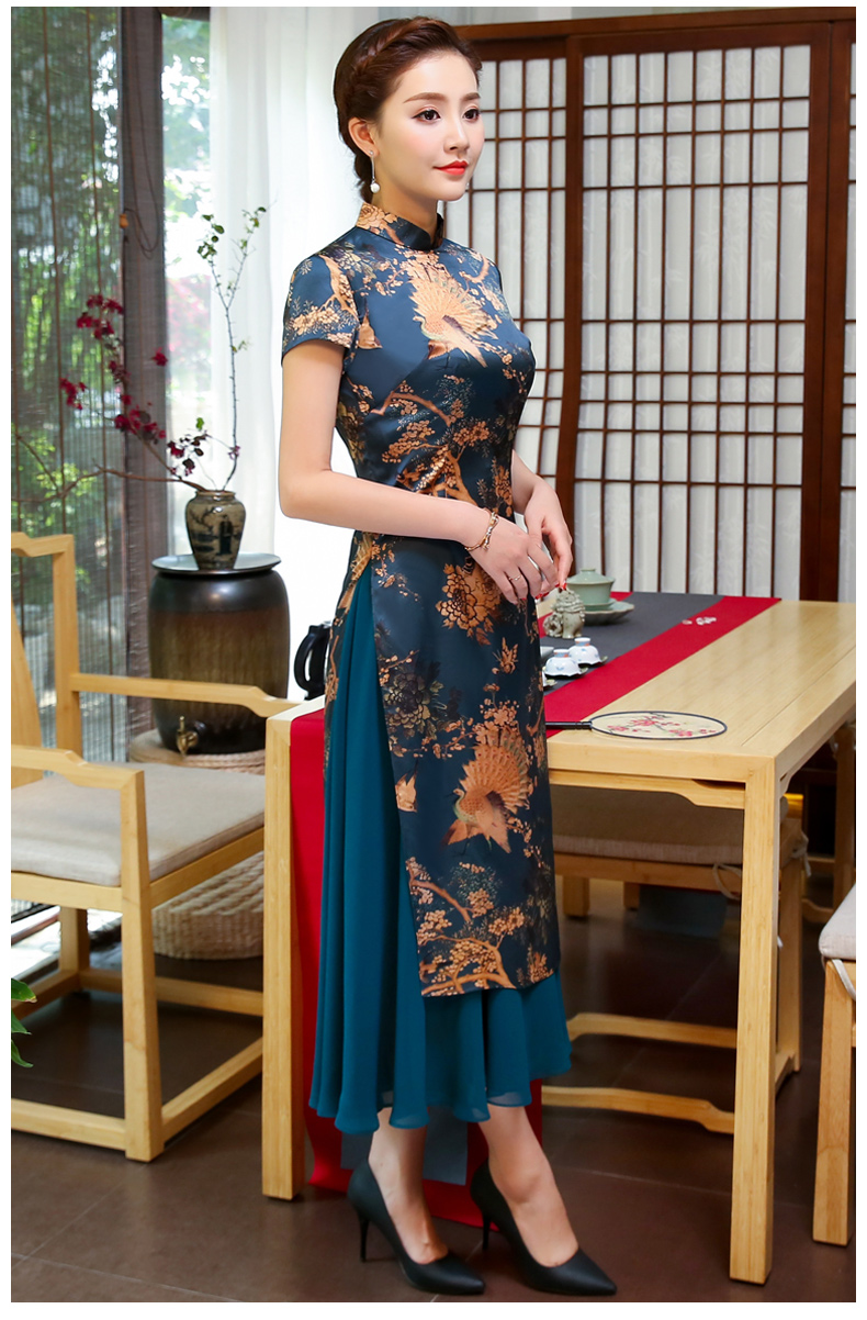 吉祥孔雀圖旗袍，中國風奧黛旗袍裙