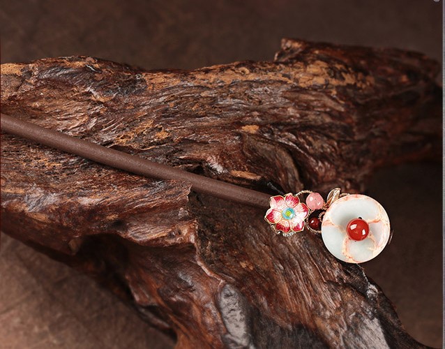 醉花月平安扣木簪子，粉色花朵發(fā)簪頭飾