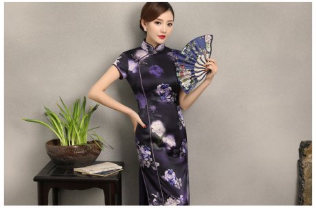 優(yōu)雅鏡花旗袍，清新藍色花旗袍裙