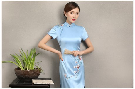 淡藍(lán)清新繡花旗袍，散香時尚旗袍裙