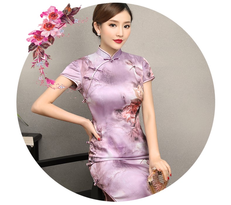 淡紫清新印花旗袍，高貴典雅旗袍裙