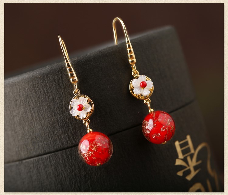 復(fù)古琉璃吊墜耳環(huán)，古風(fēng)花朵紅色首飾