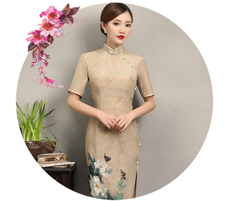 復(fù)古韻味旗袍，牡丹蝶香旗袍裙