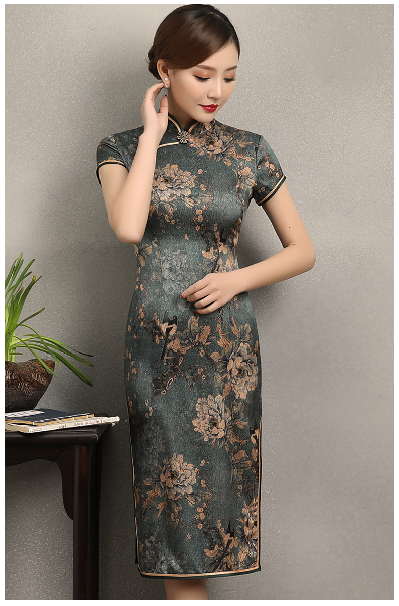中國風(fēng)花牡丹旗袍，復(fù)古典雅修身旗袍裙