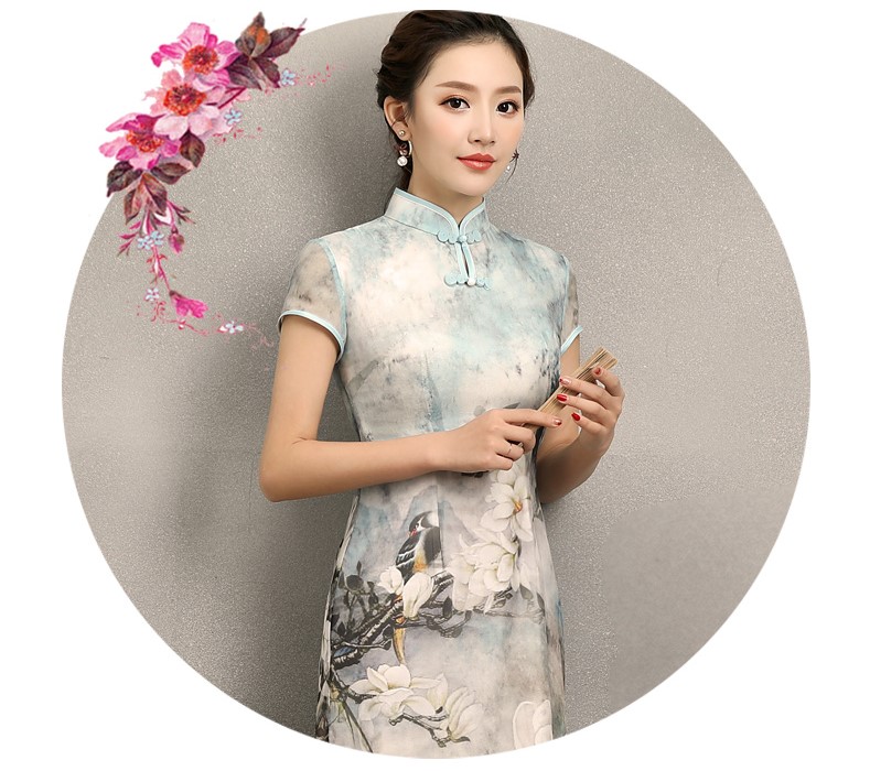 清雅華貴白玉蘭旗袍，復(fù)古真絲旗袍裙