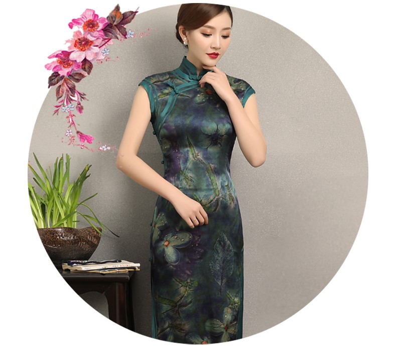 墨綠碧枝印花旗袍，復(fù)古改良短袖長款旗袍裙