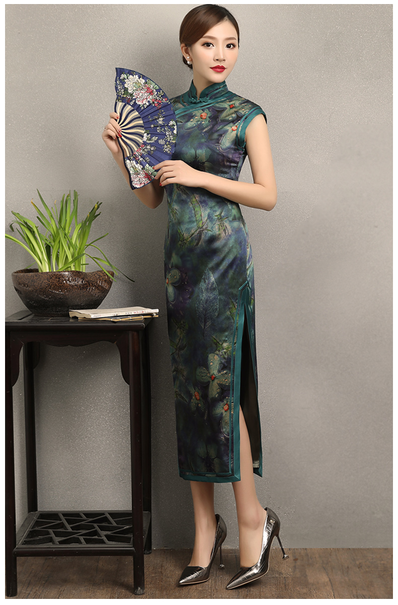 墨綠碧枝印花旗袍，復(fù)古改良短袖長款旗袍裙