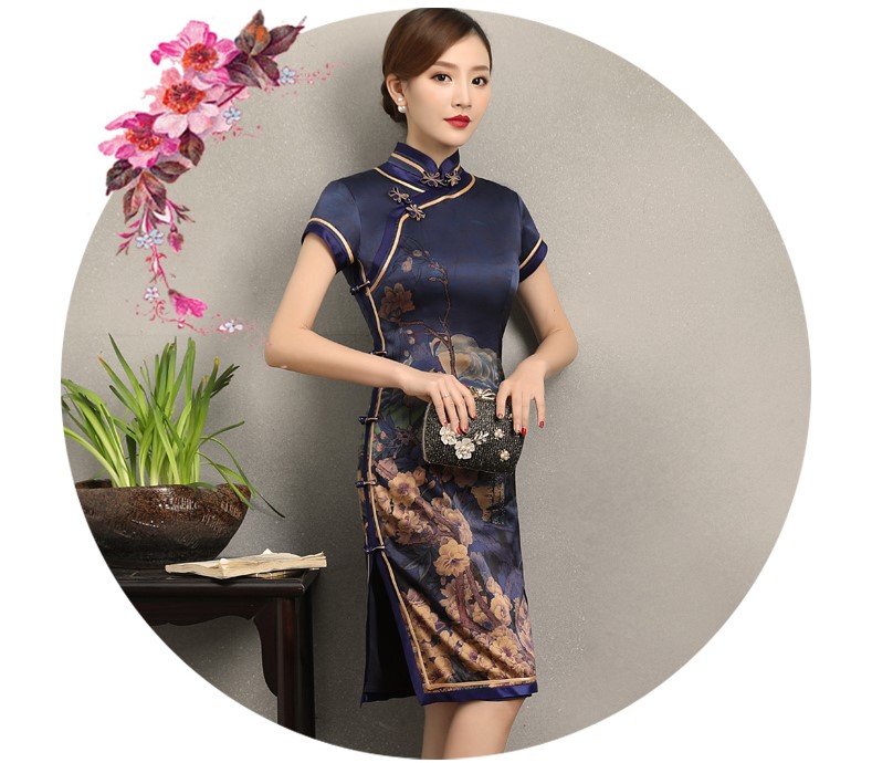 嫻云真絲旗袍，氣質(zhì)印花雅致旗袍裙