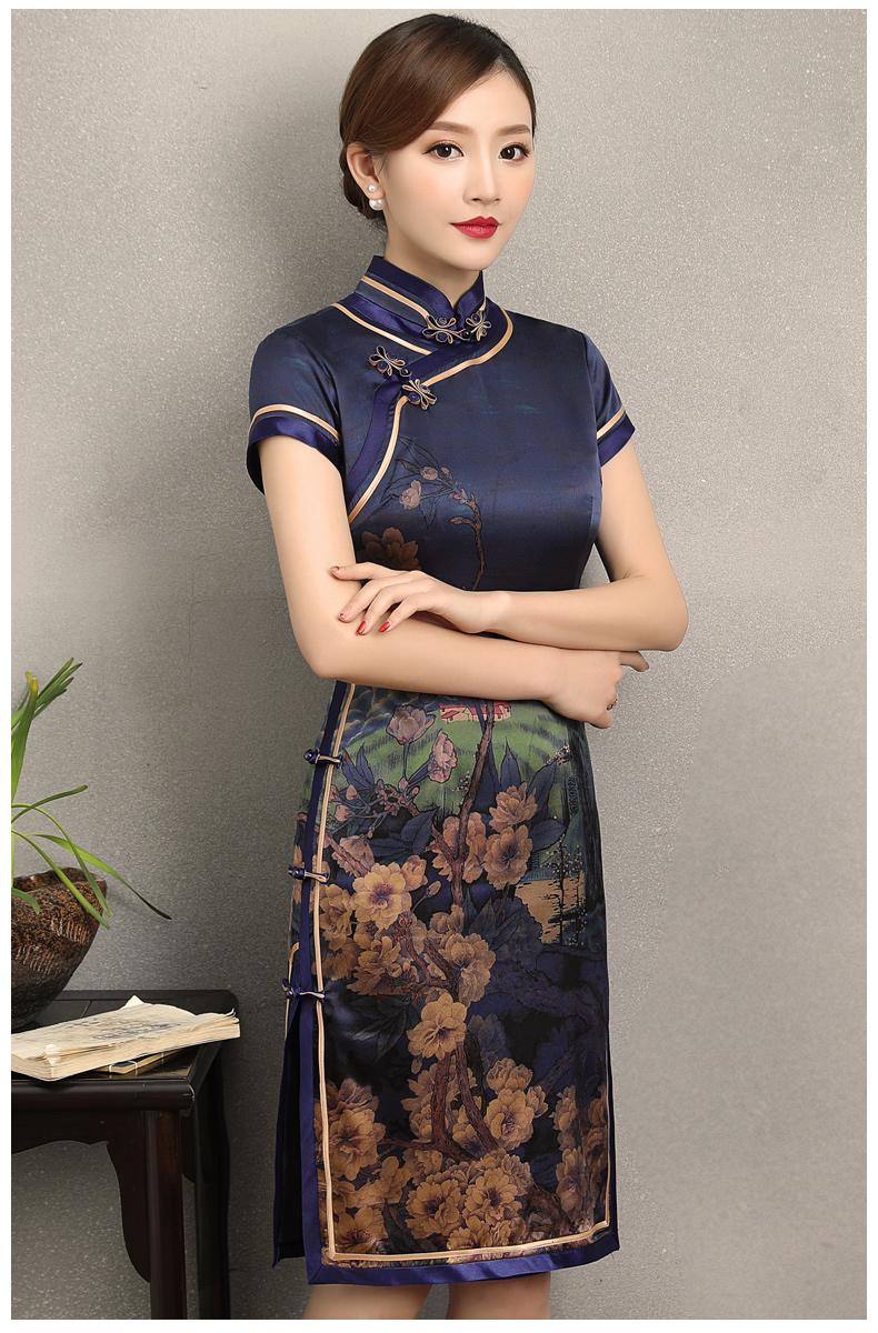 嫻云真絲旗袍，氣質(zhì)印花雅致旗袍裙