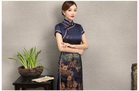 嫻云真絲旗袍，氣質(zhì)印花雅致旗袍裙