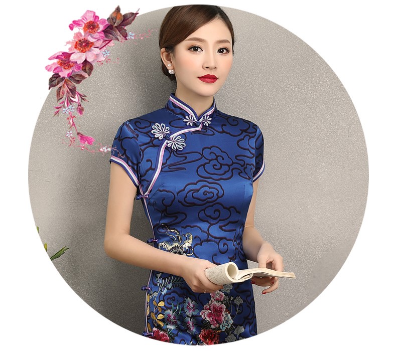 藍云真絲旗袍，古典祥云旗袍裙