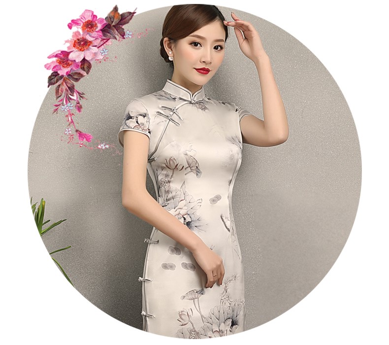 荷香四溢短袖旗袍，中式印花旗袍裙