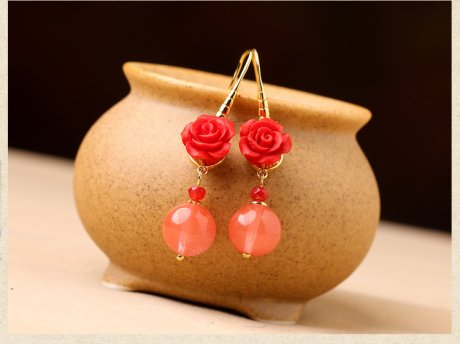 鮮紅玫瑰花耳環(huán)，精致古風(fēng)氣質(zhì)甜美耳環(huán)首飾