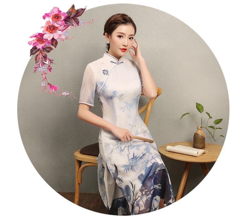 藍(lán)伊水墨印花旗袍，中式修身短袖旗袍裙