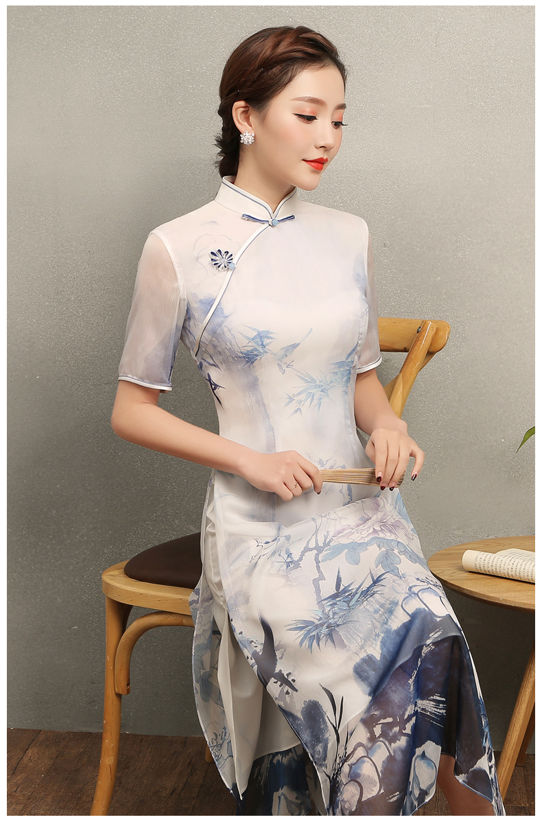 藍(lán)伊水墨印花旗袍，中式修身短袖旗袍裙