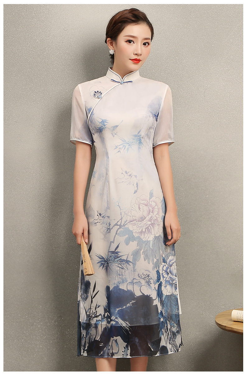 藍(lán)伊水墨印花旗袍，中式修身短袖旗袍裙