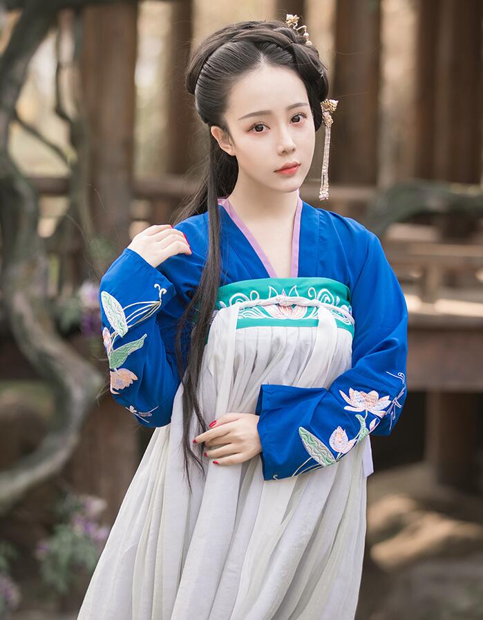 漢服荷花刺繡清新古裝，錦絲皺齊胸襦裙?jié)h服