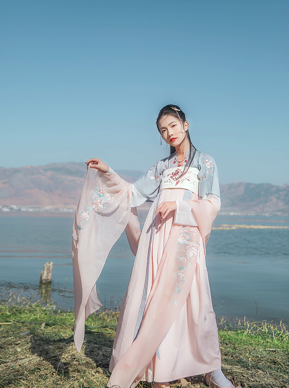 傳統(tǒng)雙袖刺繡漢服上衣，對(duì)襟半臂繡花漢服