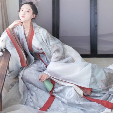 魏晉風(fēng)交領(lǐng)齊腰襦裙?jié)h服，古風(fēng)印花雪紡漢服