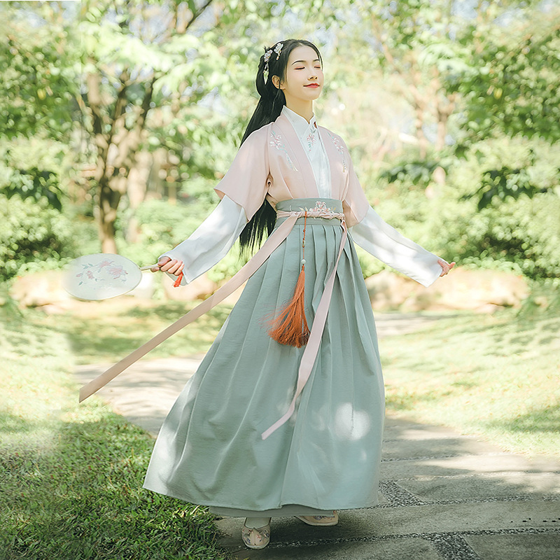鈴瑤花齊腰襦裙?jié)h服，小清新花枝刺繡漢服圖片