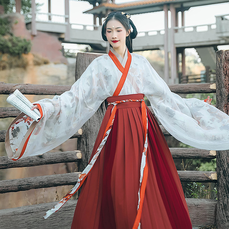 魏晉風大袖交領(lǐng)襦裙?jié)h服，松葉水墨印花漢服