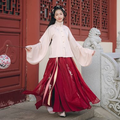 金魚戲水刺繡漢服，傳統(tǒng)立領(lǐng)紅裙?jié)h服圖片