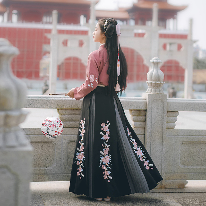花團(tuán)錦簇交領(lǐng)襦裙?jié)h服，褶裙團(tuán)花刺繡漢服圖片