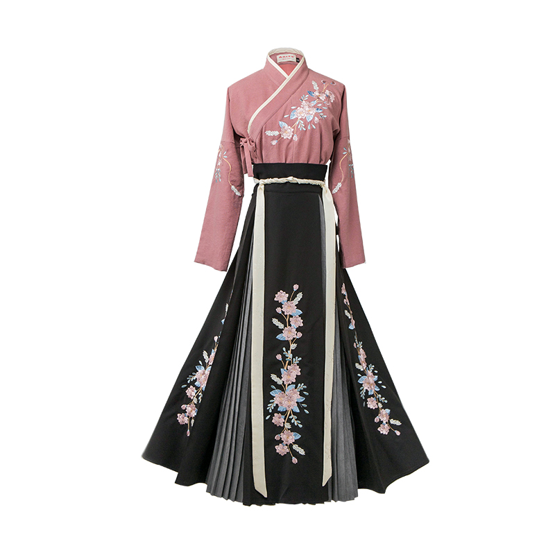 花團(tuán)錦簇交領(lǐng)襦裙?jié)h服，褶裙團(tuán)花刺繡漢服圖片