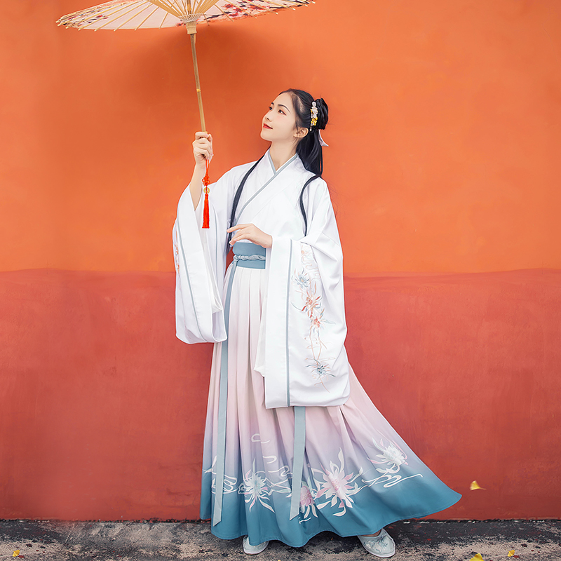 唯美曇花交領(lǐng)齊腰襦裙?jié)h服，漸變印花漢服圖片