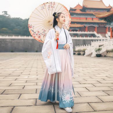 唯美曇花交領齊腰襦裙?jié)h服，漸變印花漢服圖片