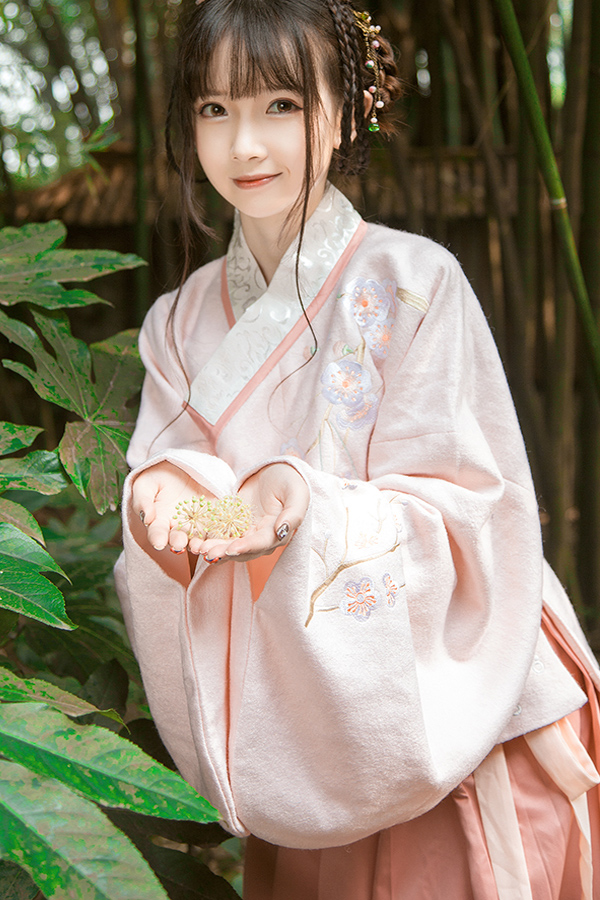 清新典雅粉色漢服，仙女交領(lǐng)襦裙?jié)h服圖片