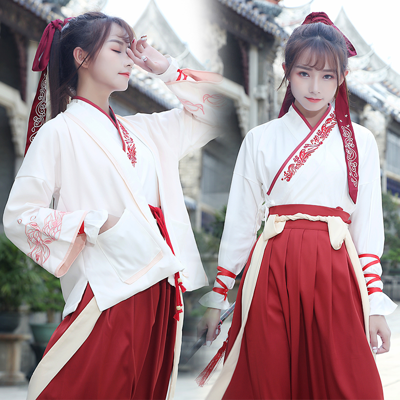 紅白交配繡花漢服，改良漢服斜交齊腰襦裙