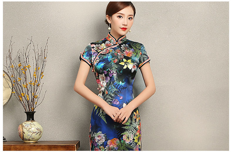 蔓如花靚麗旗袍，唯美短袖印花旗袍裙