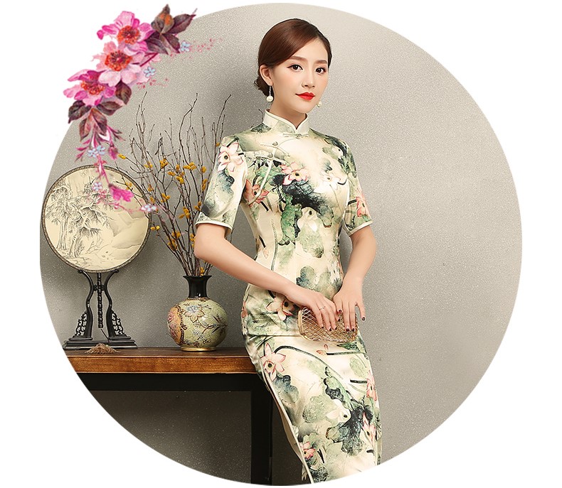 青荷古風(fēng)韻味旗袍，淡雅短袖印花旗袍裙