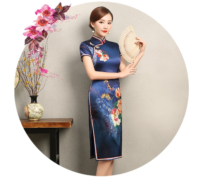 知性優(yōu)雅藍色旗袍，花嬌印花短袖旗袍裙