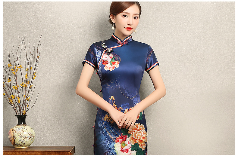 知性優(yōu)雅藍色旗袍，花嬌印花短袖旗袍裙