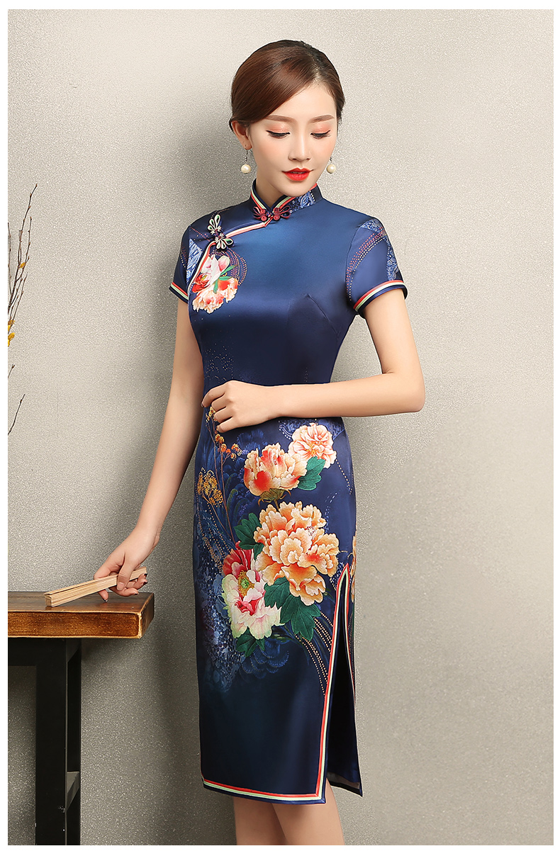 知性優(yōu)雅藍色旗袍，花嬌印花短袖旗袍裙