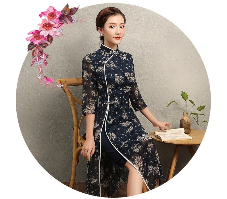 復古格子藍侶旗袍，藏藍色印花旗袍裙