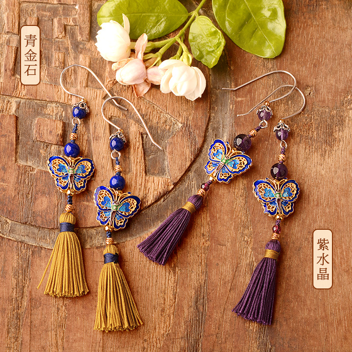 銀蝴蝶長(zhǎng)流蘇氣質(zhì)，典雅古風(fēng)耳環(huán)首飾