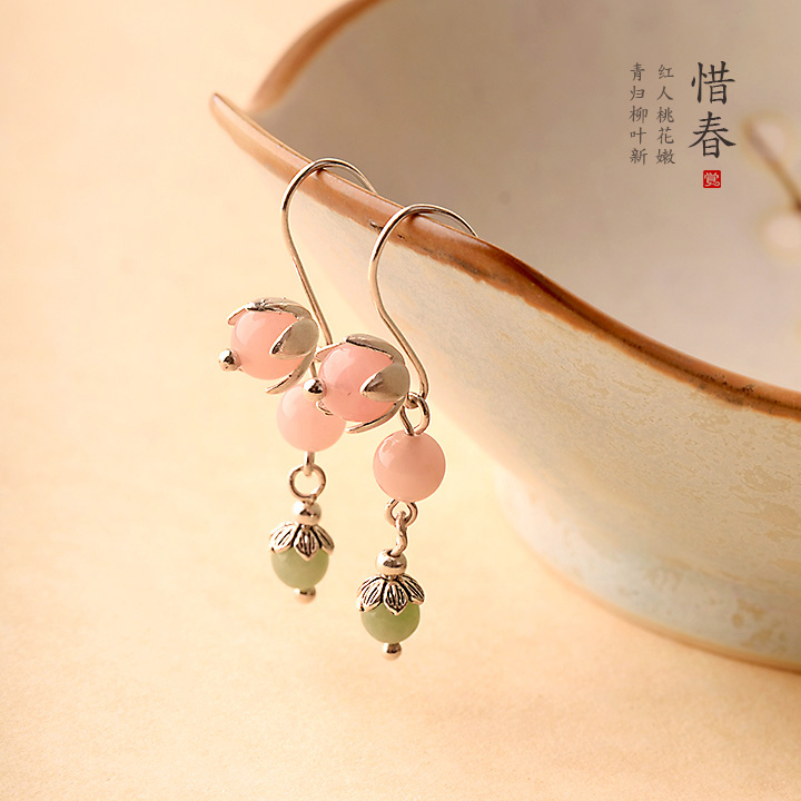 粉色小清新風(fēng)翡翠耳飾，天然粉晶惜春耳環(huán)首飾
