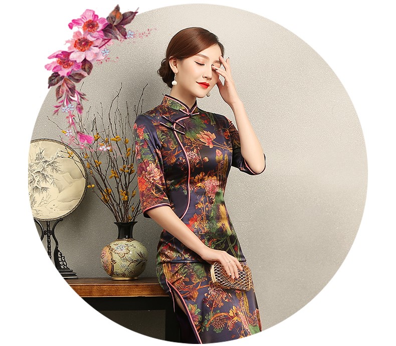 百花齊放優(yōu)雅旗袍，深紫色印花旗袍裙